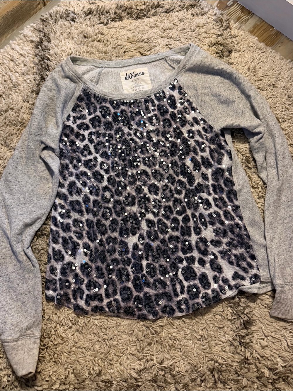 Express Gray Sequin Leopard long sleeve Top